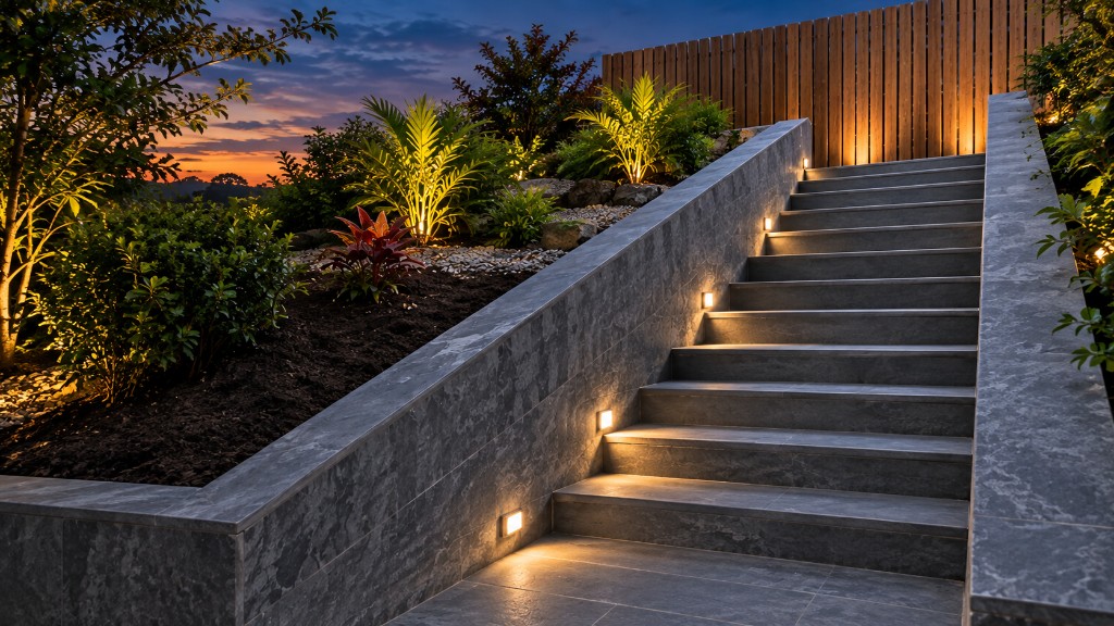 Illuminated stone staircase with garden lighting