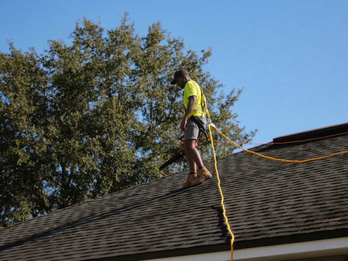 HIGH COAT roofer working on a residential roof